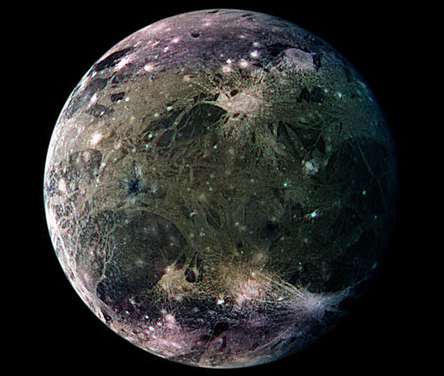 An enhanced photograph of Ganymede including color correction